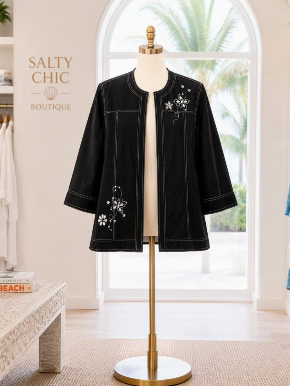 Alfred Dunner Jean Style Black Open-Front Jacket with Rhinstone and bead Flowers